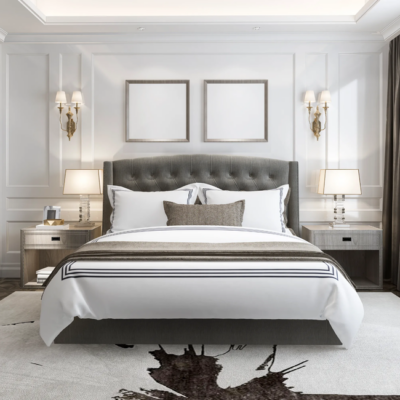 Quilted bed scarf on white hotel bed, commercial hospitality bedding.