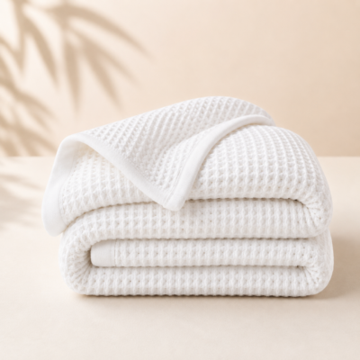 Luxury White Waffle Cotton Blanket neatly folded on a soft beige background, featuring a textured waffle weave design for all-season comfort and elegant bedroom or hotel décor.