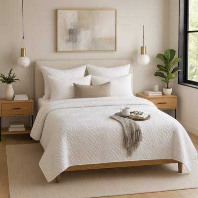 Arcadia Quilted Bedspread in neutral color, showing soft microfiber fabric with quilted pattern and clean edge finish. Available in Twin, Full, Queen, and King sizes